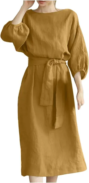 DDAPJ pyju Summer Midi Dresses for Women Plus Size Casual Half Sleeve Belted Crewneck Tshirt Dress Plain Beach Travel Dress