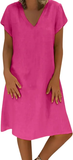 DDAPJ pyju Womens Linen Shirt Dress Plus Size Summer Casual Short Sleeve Beach Cover Up V Neck Mini Beach Sundresses