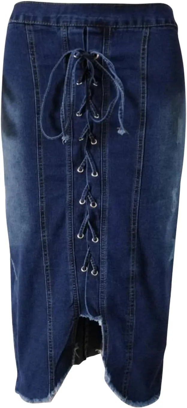 Denim Skirts for Women 2025 Bandage High Waist Bodycon Knee Length Midi Skirt Y2K Fashion Jean Skirts