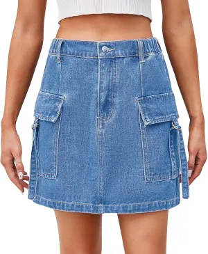 Denim Skirts for Women High Waisted Side Slit Jean Skorts Solid Color Button Fly Y2K Mini Skirt