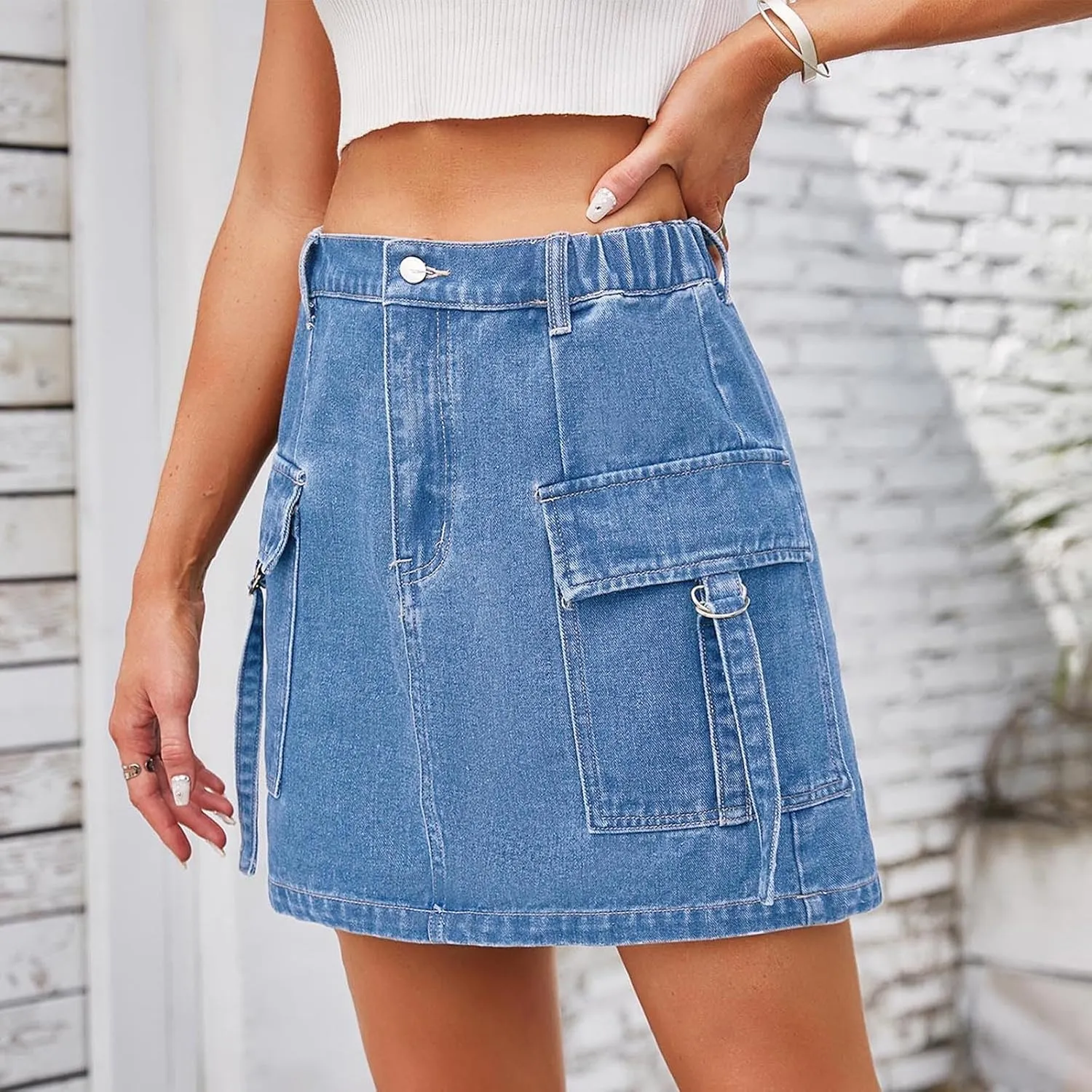 Denim Skirts for Women High Waisted Side Slit Jean Skorts Solid Color Button Fly Y2K Mini Skirt