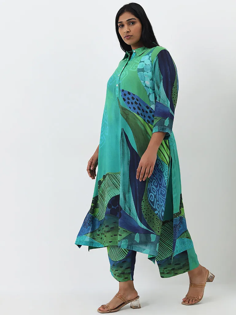 Diza Green Foliage Design High-Rise Cotton Ethnic Pants
