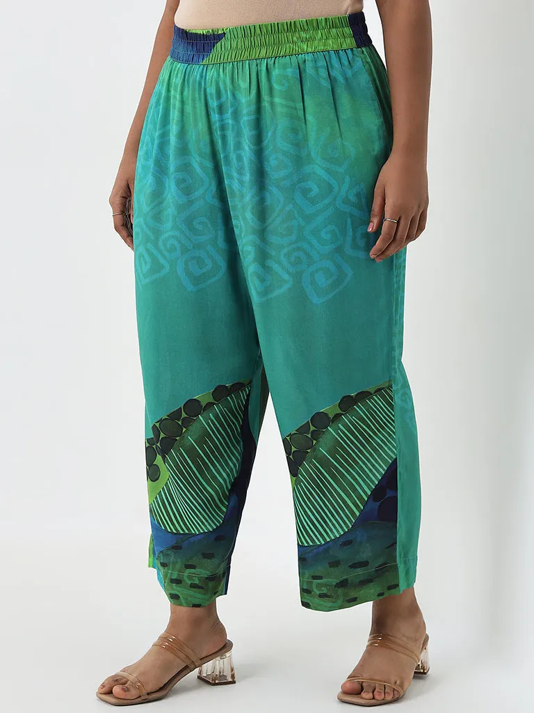 Diza Green Foliage Design High-Rise Cotton Ethnic Pants