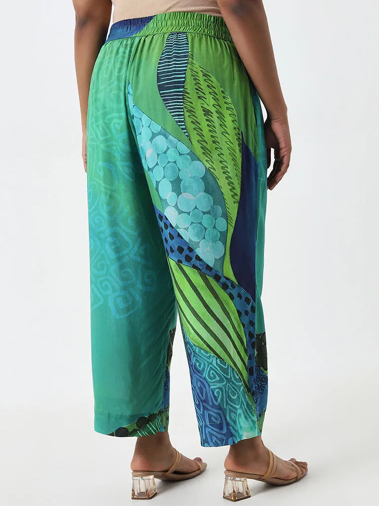 Diza Green Foliage Design High-Rise Cotton Ethnic Pants