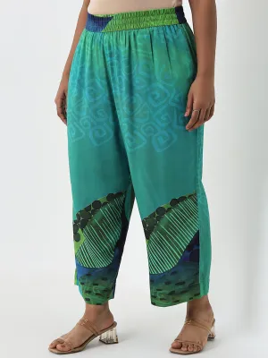 Diza Green Foliage Design High-Rise Cotton Ethnic Pants