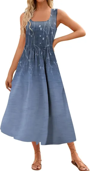DOPOCQ Dresses for Women 2024 Casual Summer Floral Print Loose Midi Dress Plus Size Sleeveless Square Neck Dress with Pocket