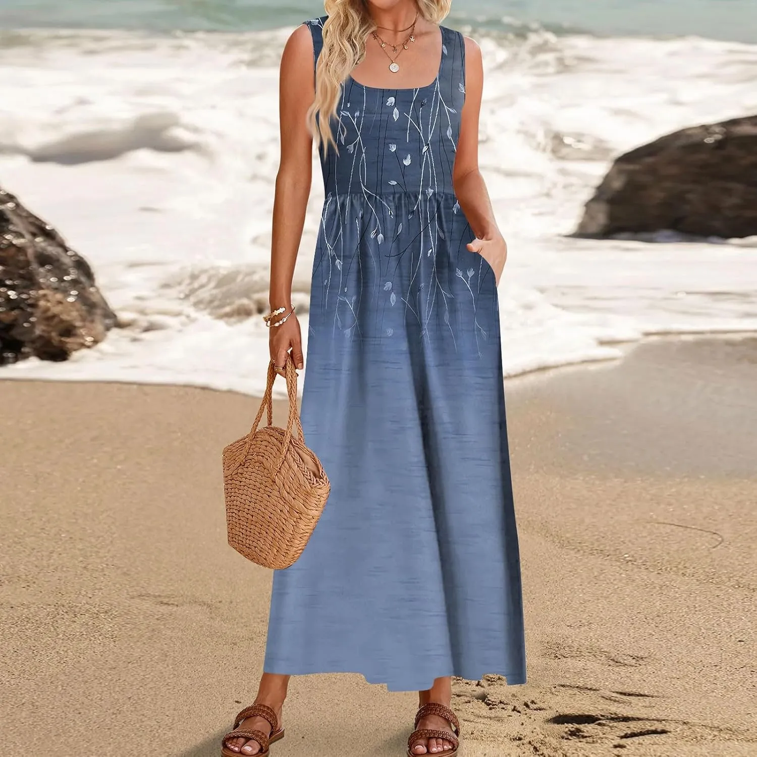 DOPOCQ Dresses for Women 2024 Casual Summer Floral Print Loose Midi Dress Plus Size Sleeveless Square Neck Dress with Pocket