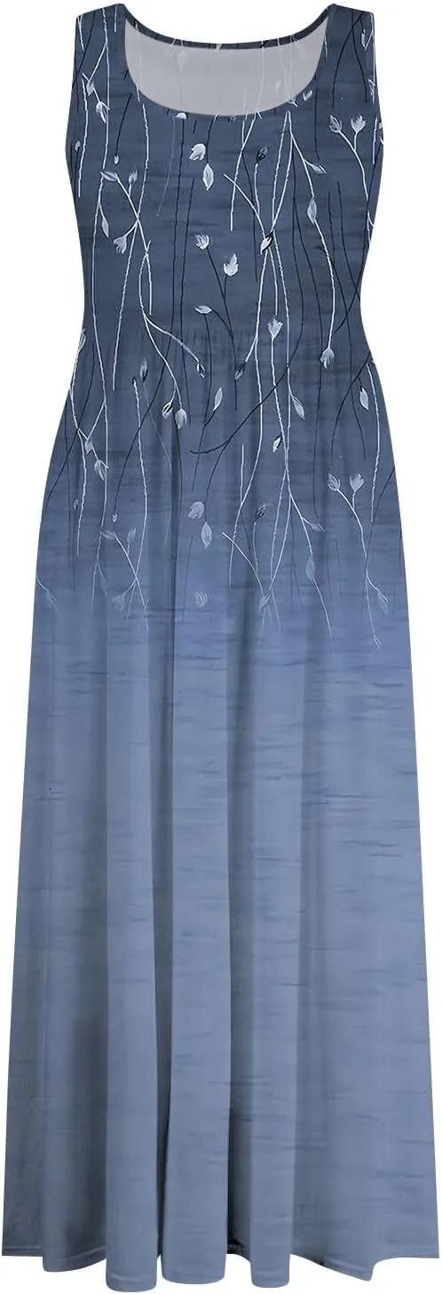 DOPOCQ Dresses for Women 2024 Casual Summer Floral Print Loose Midi Dress Plus Size Sleeveless Square Neck Dress with Pocket