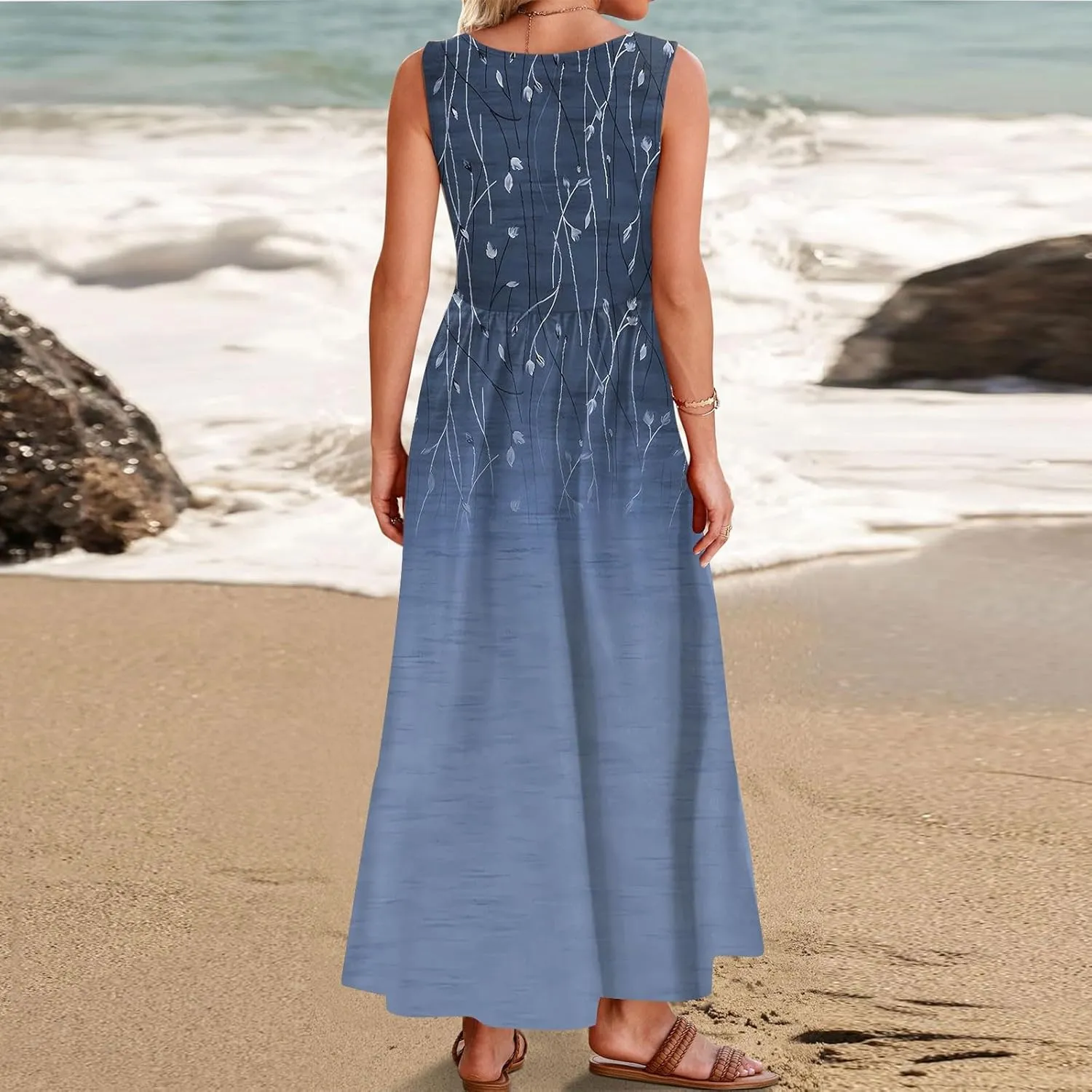 DOPOCQ Dresses for Women 2024 Casual Summer Floral Print Loose Midi Dress Plus Size Sleeveless Square Neck Dress with Pocket