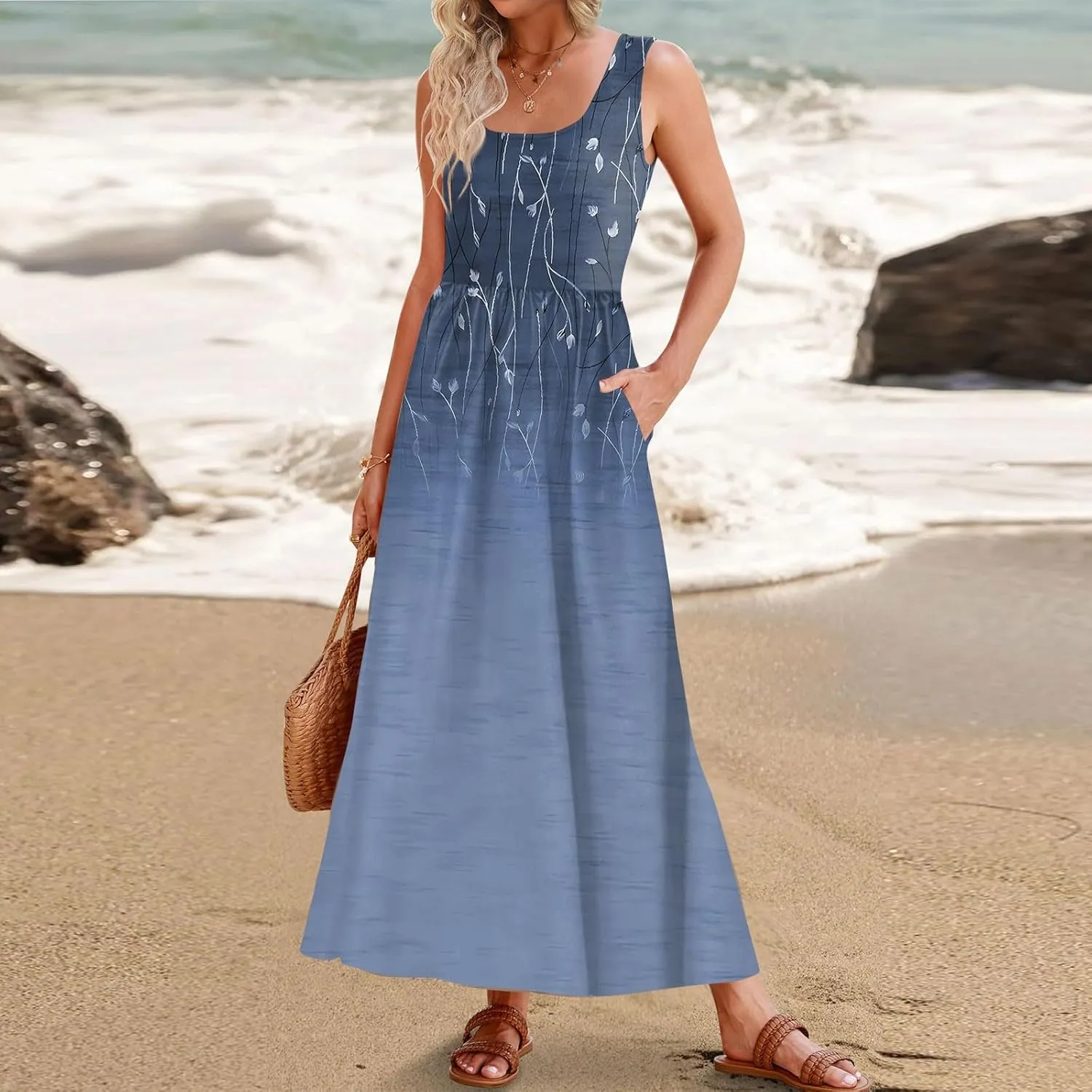 DOPOCQ Dresses for Women 2024 Casual Summer Floral Print Loose Midi Dress Plus Size Sleeveless Square Neck Dress with Pocket