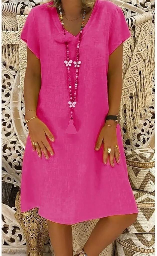 Dresses for Women 2024 Casual Summer Plus Size Short Sleeve V Neck Cotton Linen Dress Boho Beach Loose Midi Dress