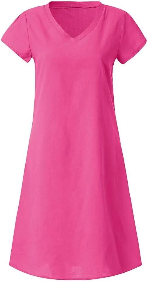 Dresses for Women 2024 Casual Summer Plus Size Short Sleeve V Neck Cotton Linen Dress Boho Beach Loose Midi Dress
