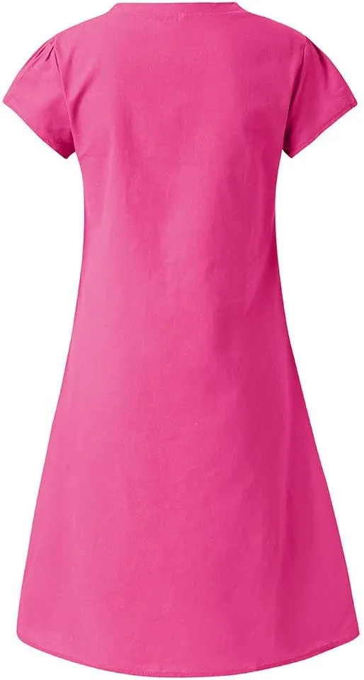 Dresses for Women 2024 Casual Summer Plus Size Short Sleeve V Neck Cotton Linen Dress Boho Beach Loose Midi Dress