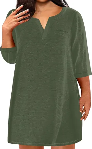 Dresses for Women 2024 Plus Szie 3/4 Length Sleeve Shirt Dress Trendy Loose Fit V Neck Sundress Casual Beach Dress