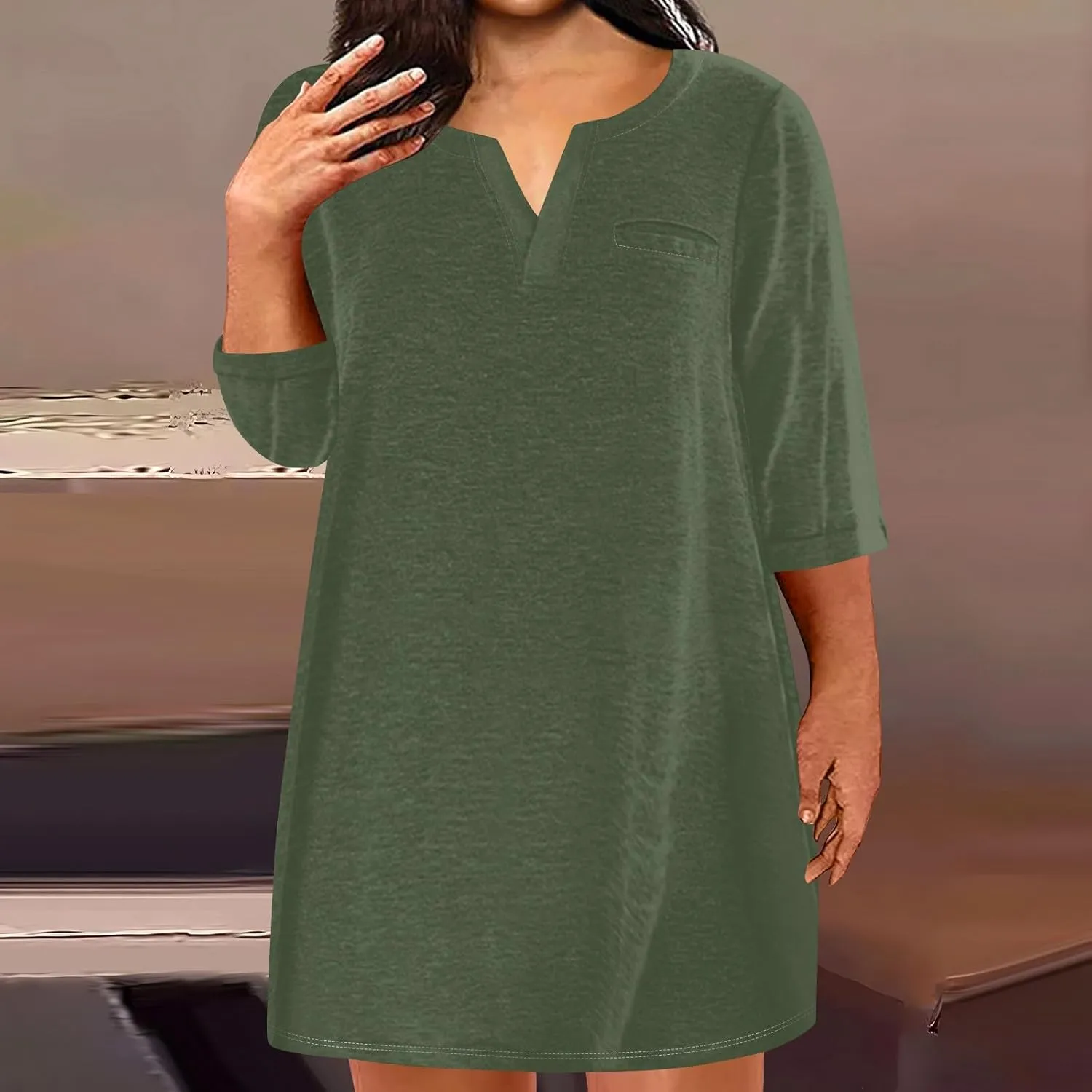 Dresses for Women 2024 Plus Szie 3/4 Length Sleeve Shirt Dress Trendy Loose Fit V Neck Sundress Casual Beach Dress