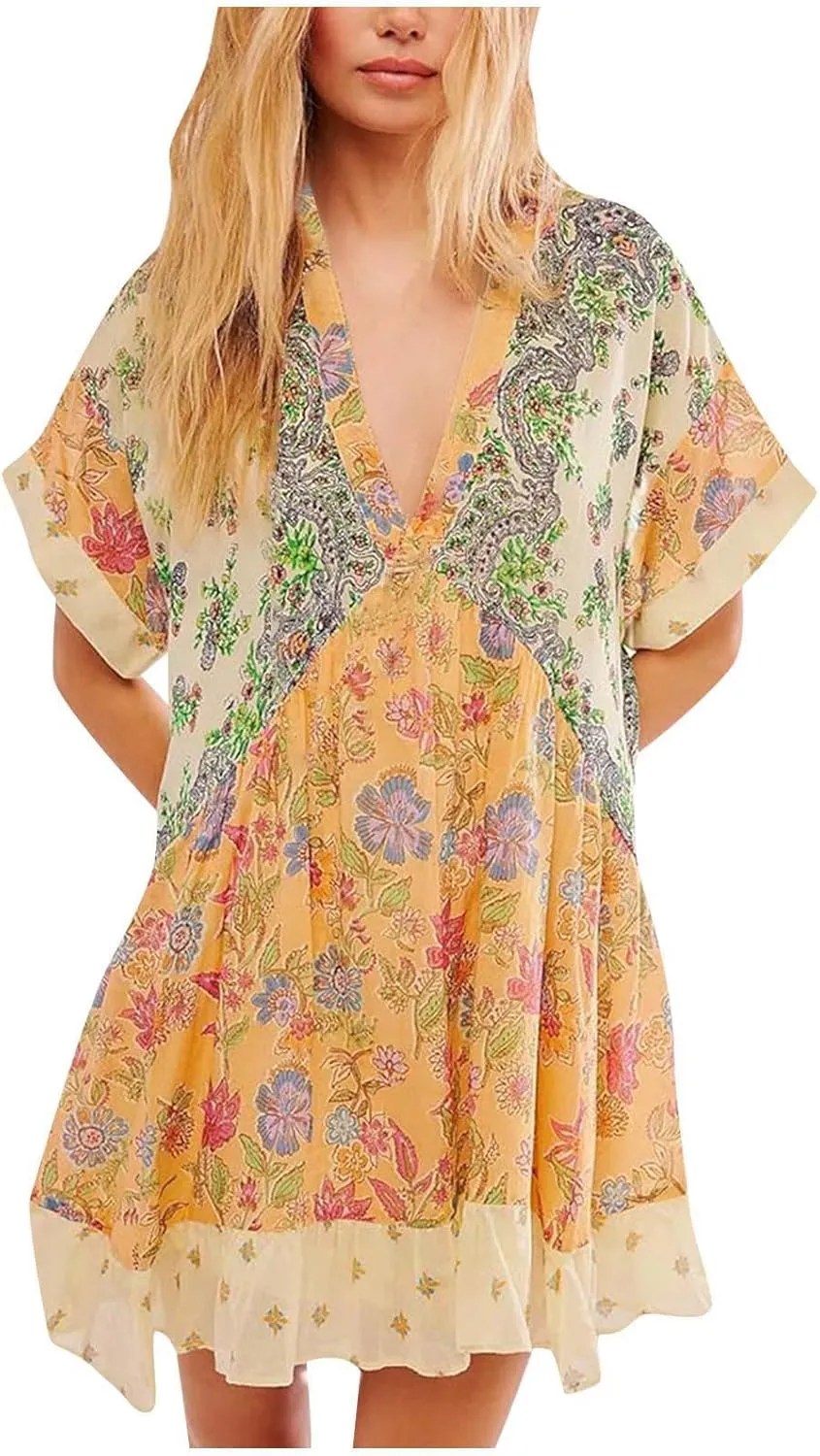 Dresses for Women 2024 Summer Boho Dress Floral Casual Sundresses Sexy V Neck Babydoll Dresses Dress
