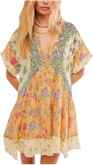 Dresses for Women 2024 Summer Boho Dress Floral Casual Sundresses Sexy V Neck Babydoll Dresses Dress