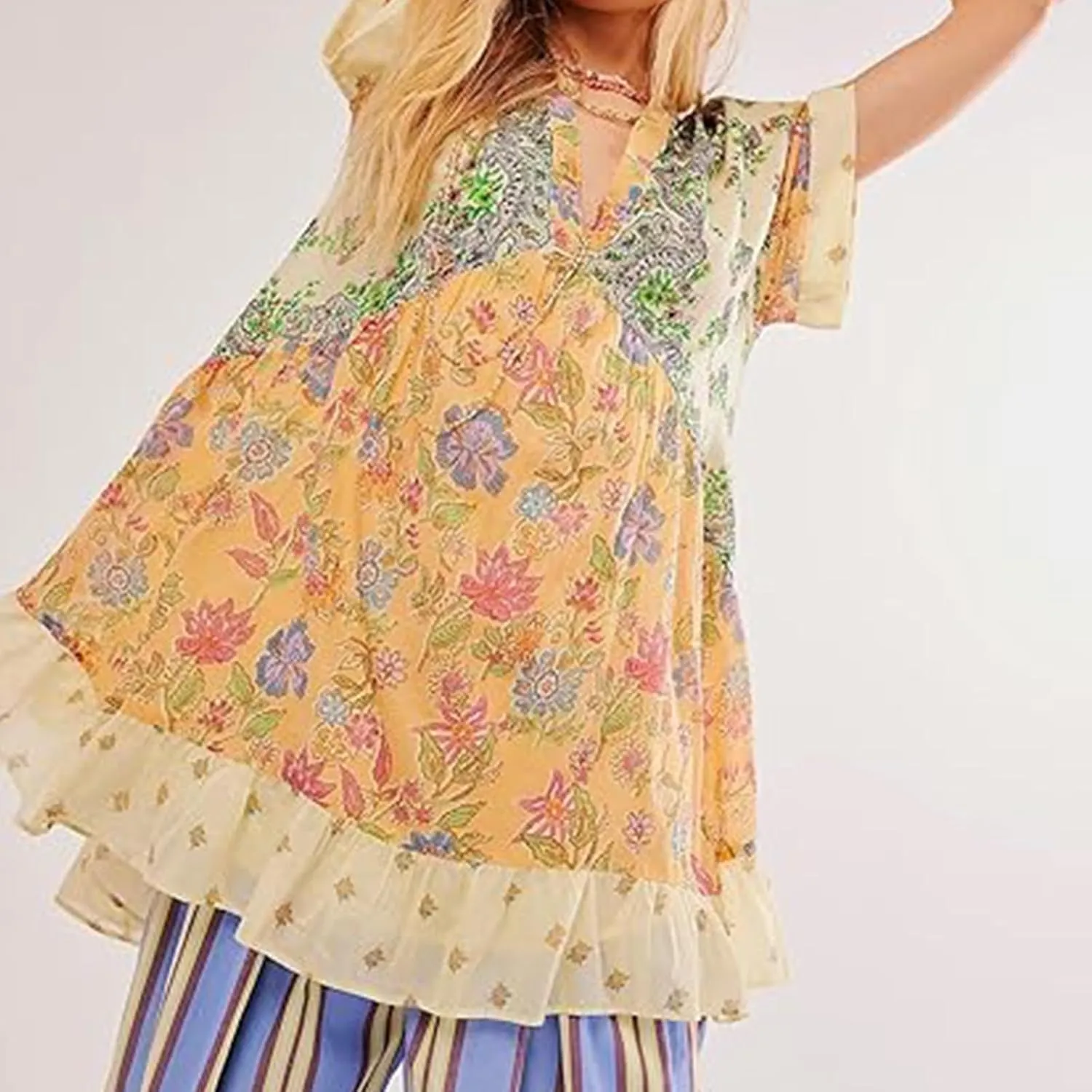 Dresses for Women 2024 Summer Boho Dress Floral Casual Sundresses Sexy V Neck Babydoll Dresses Dress