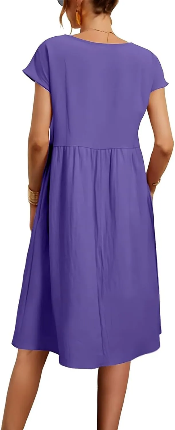 Dresses for Women 2024 Summer Plus Size Short Sleeves Cotton Linen Midi Dress Trendy Casual Loose Beach Sundress