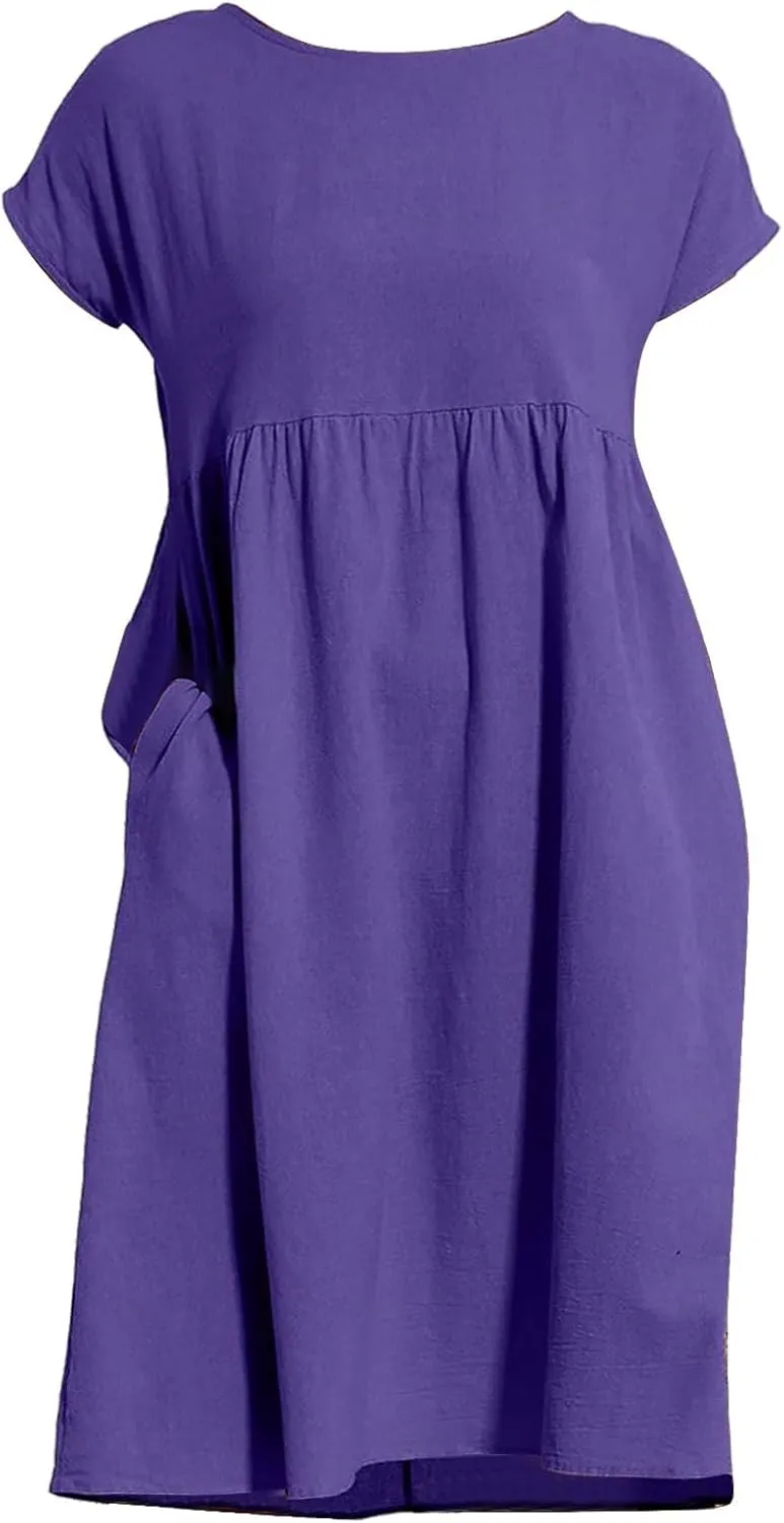 Dresses for Women 2024 Summer Plus Size Short Sleeves Cotton Linen Midi Dress Trendy Casual Loose Beach Sundress