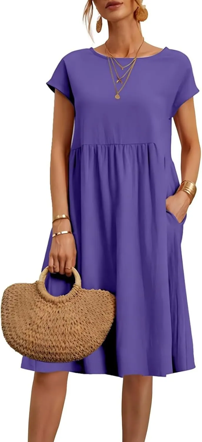 Dresses for Women 2024 Summer Plus Size Short Sleeves Cotton Linen Midi Dress Trendy Casual Loose Beach Sundress