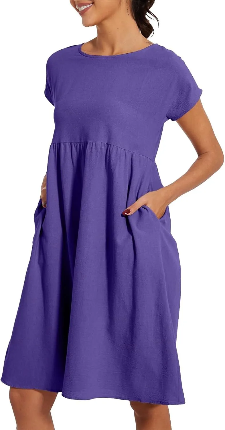 Dresses for Women 2024 Summer Plus Size Short Sleeves Cotton Linen Midi Dress Trendy Casual Loose Beach Sundress