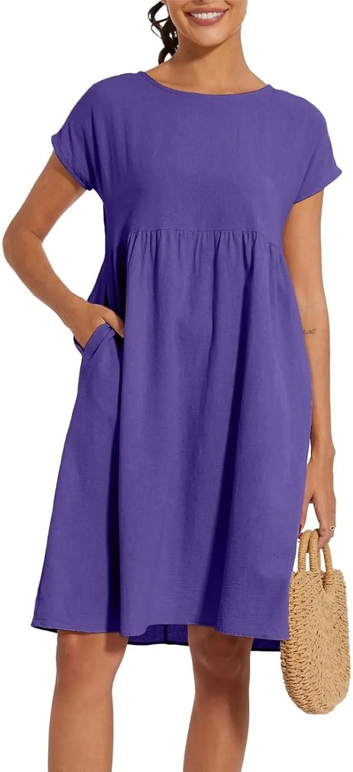 Dresses for Women 2024 Summer Plus Size Short Sleeves Cotton Linen Midi Dress Trendy Casual Loose Beach Sundress