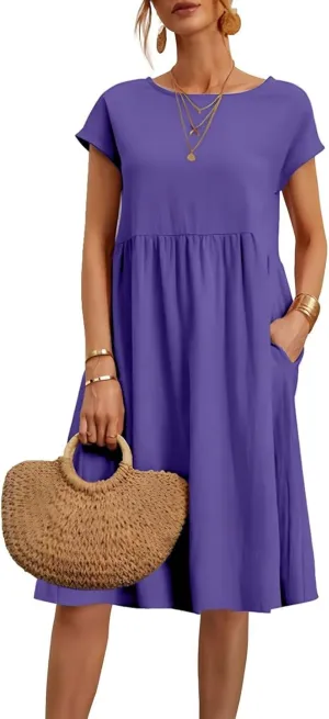 Dresses for Women 2024 Summer Plus Size Short Sleeves Cotton Linen Midi Dress Trendy Casual Loose Beach Sundress