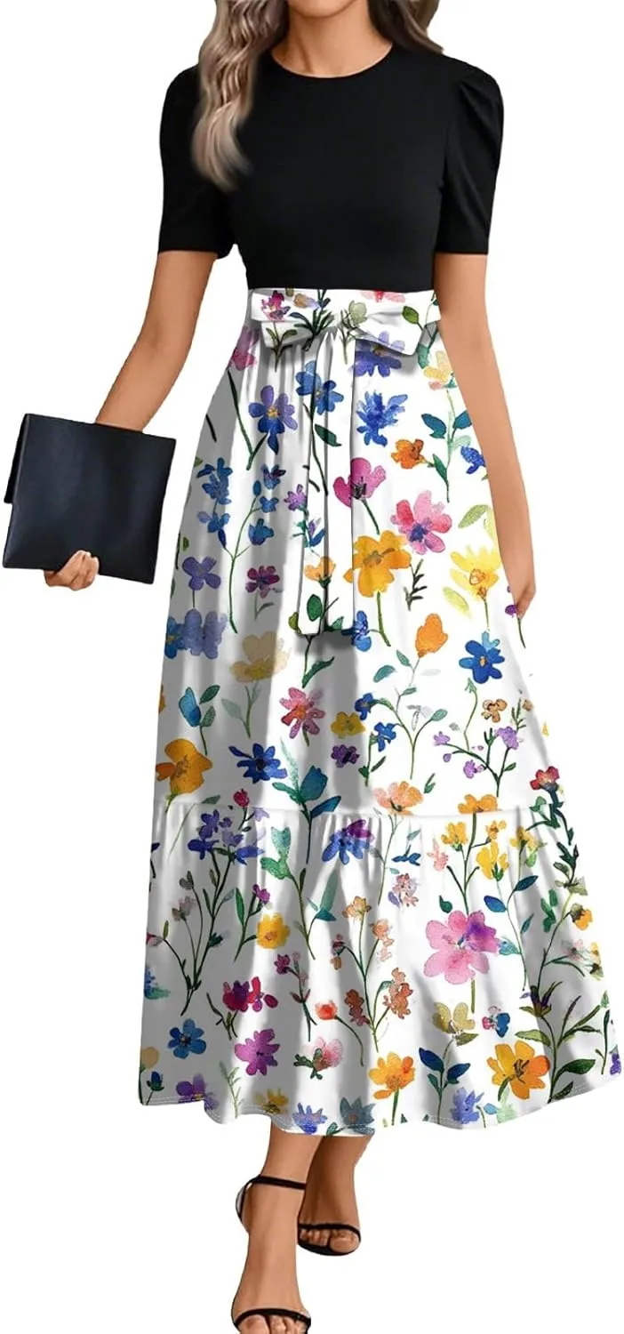 Dresses for Women 2025 Short Sleeve Round Neck Dresses Knee Length Dress Long Flowy Beach Dresses