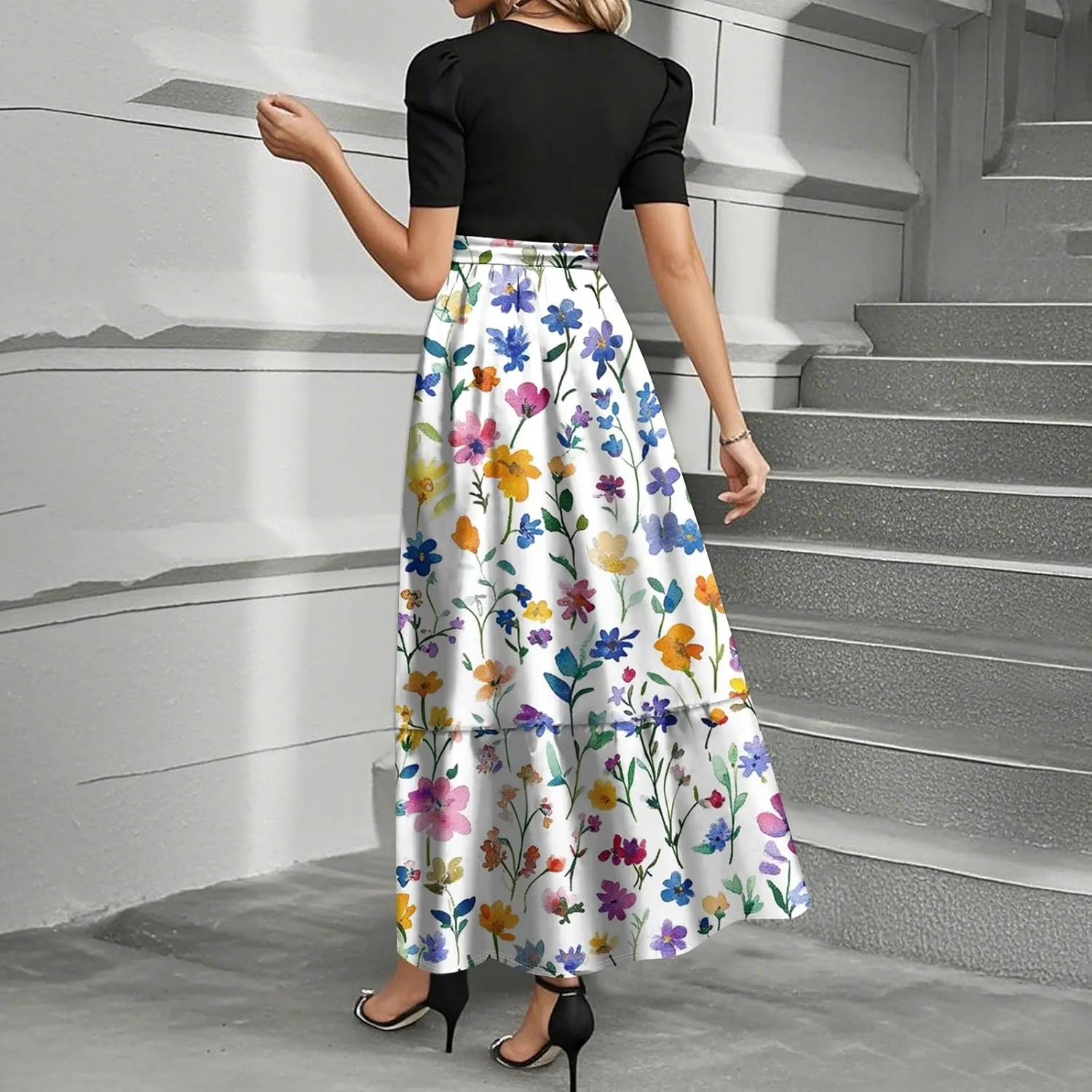 Dresses for Women 2025 Short Sleeve Round Neck Dresses Knee Length Dress Long Flowy Beach Dresses