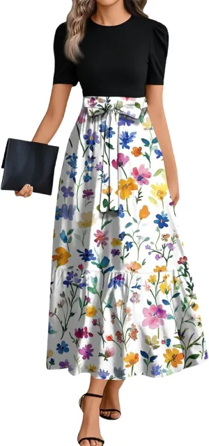 Dresses for Women 2025 Short Sleeve Round Neck Dresses Knee Length Dress Long Flowy Beach Dresses