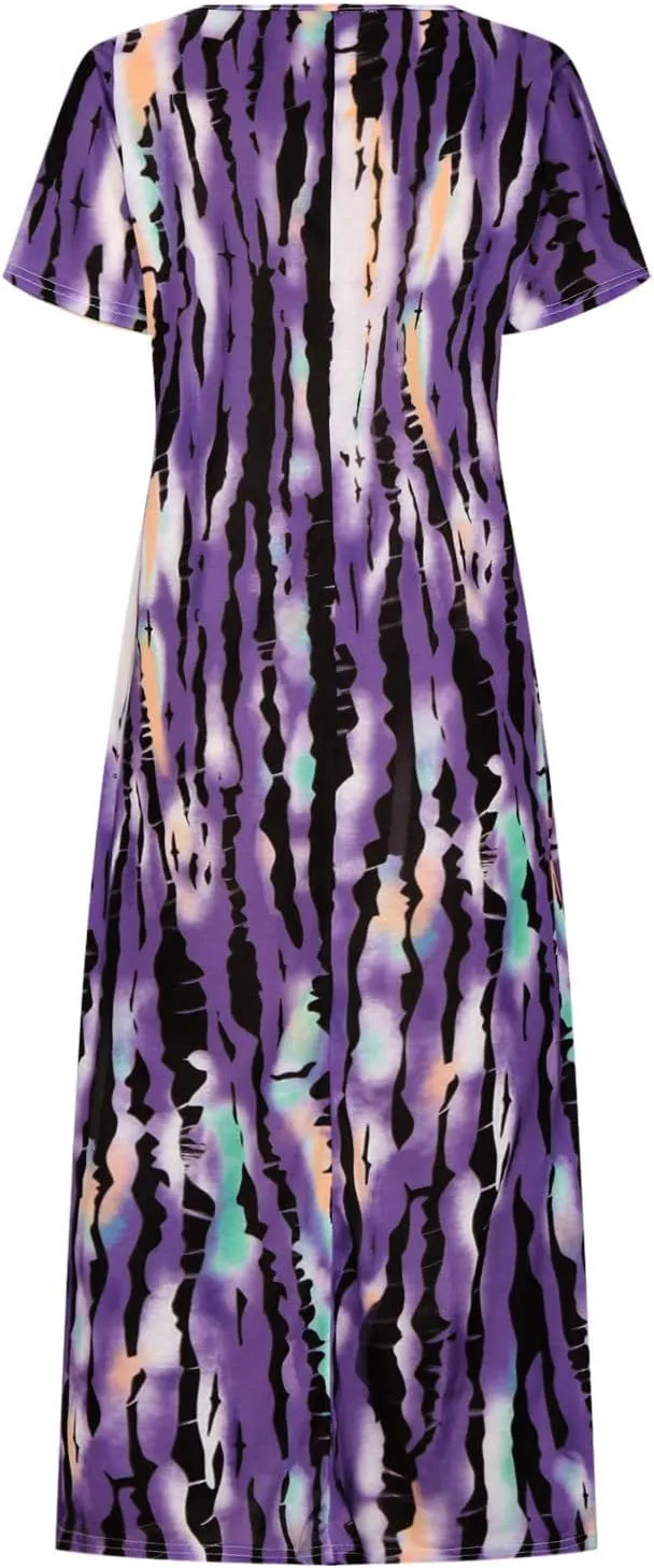Dresses for Women 2025 Summer Casual Loose Fit Short Sleeve Crew Neck Maxi Dress Vintage Tie-Dye Print Beach Dress