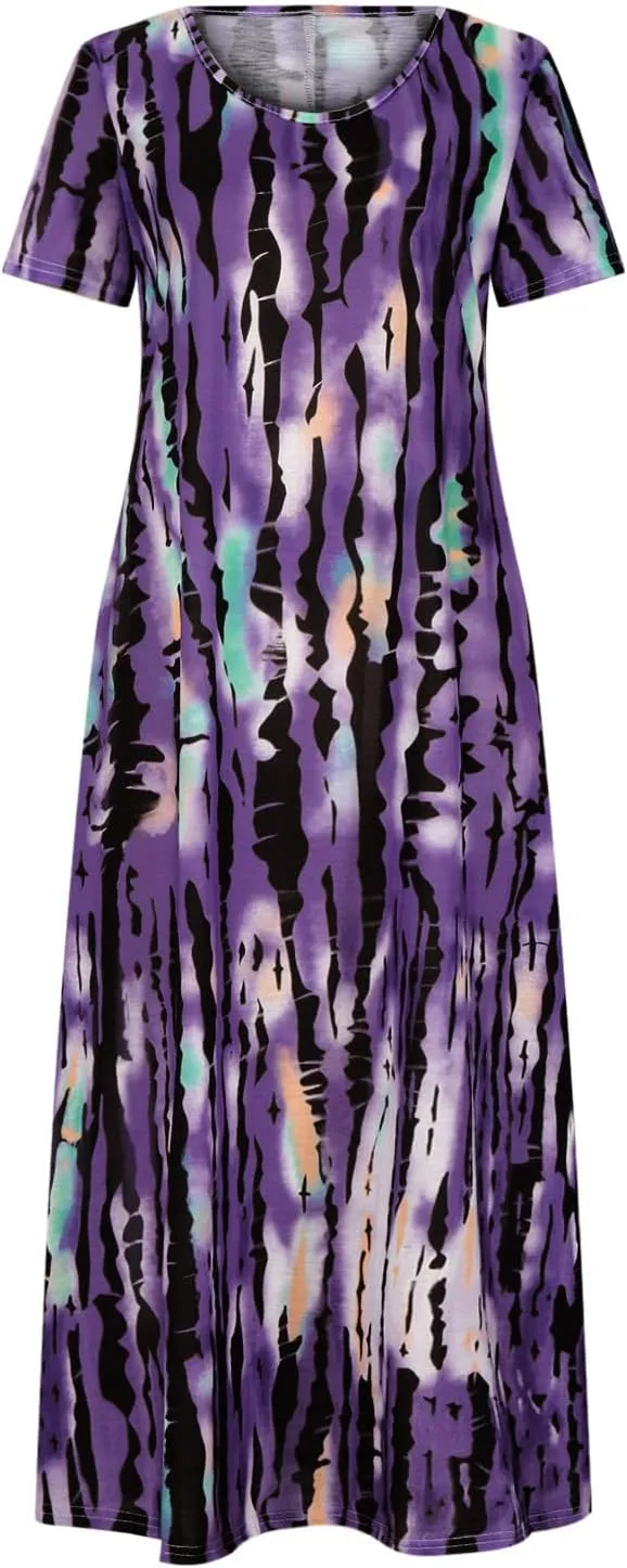 Dresses for Women 2025 Summer Casual Loose Fit Short Sleeve Crew Neck Maxi Dress Vintage Tie-Dye Print Beach Dress