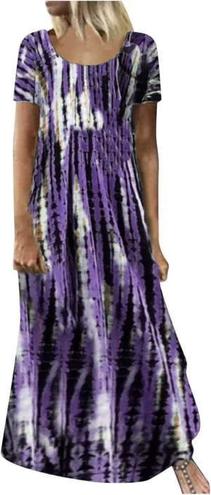Dresses for Women 2025 Summer Casual Loose Fit Short Sleeve Crew Neck Maxi Dress Vintage Tie-Dye Print Beach Dress
