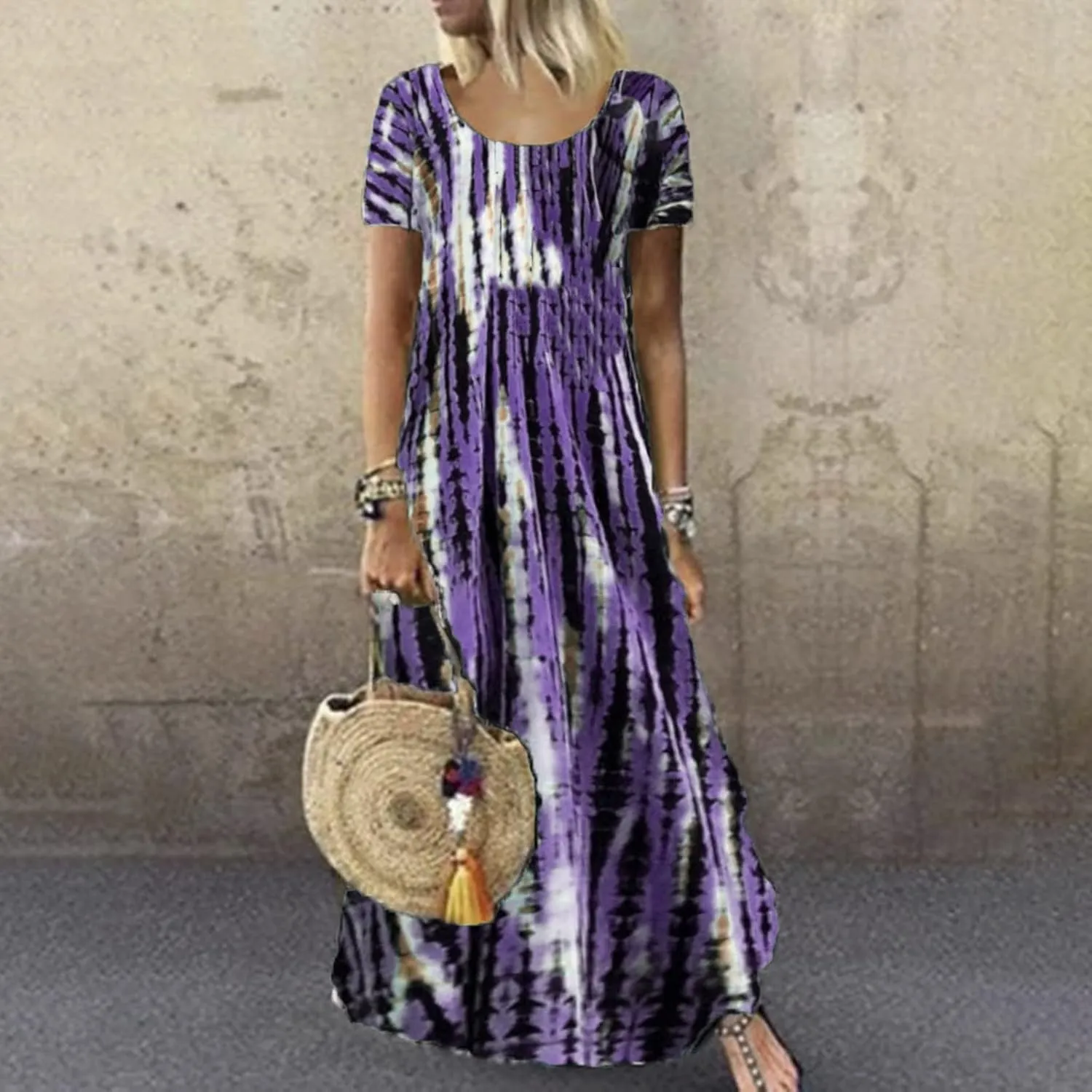 Dresses for Women 2025 Summer Casual Loose Fit Short Sleeve Crew Neck Maxi Dress Vintage Tie-Dye Print Beach Dress
