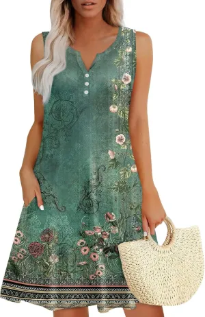 Dresses for Women Casual Summer Boho Beach Dress Loose V Neck Sleeveless Sundresses Swimsuit Coverup with Pockets