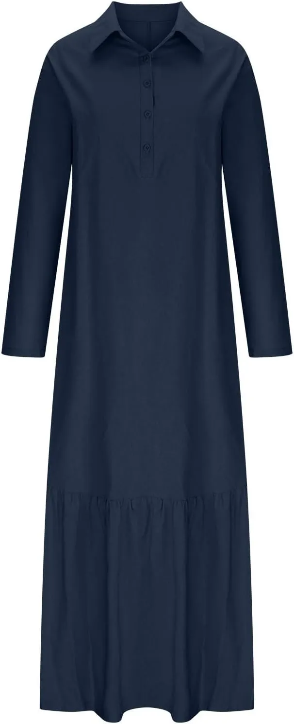 Dresses for Women Cotton Linen Button Down Long Sleeve Dress Beach Vacation Dresses V Neck Trendy Sundress
