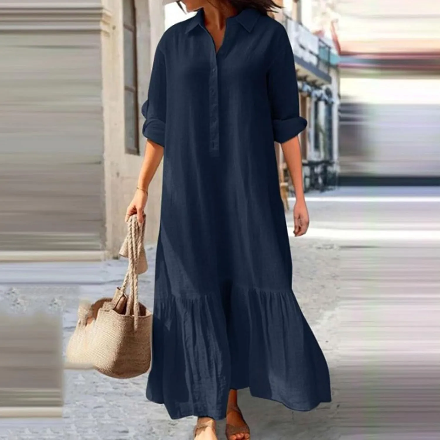 Dresses for Women Cotton Linen Button Down Long Sleeve Dress Beach Vacation Dresses V Neck Trendy Sundress