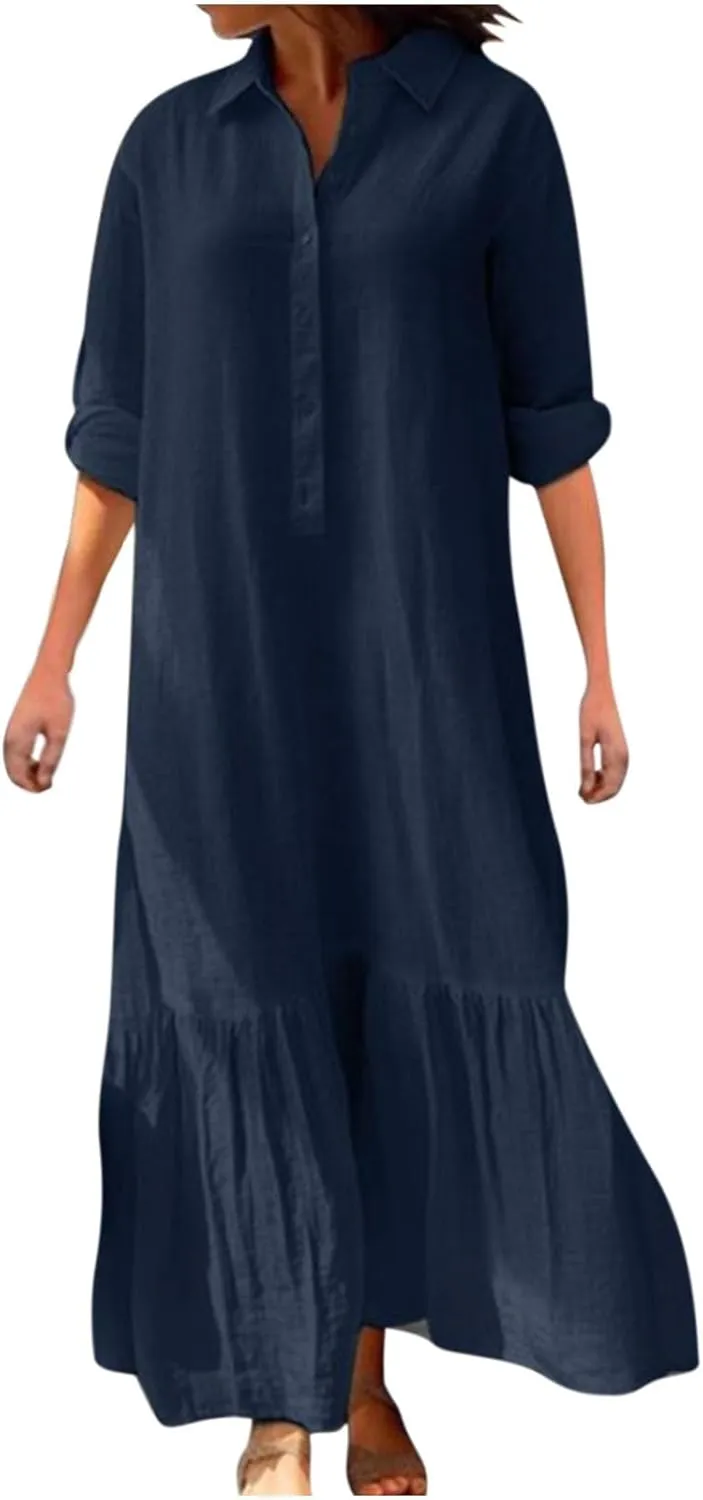 Dresses for Women Cotton Linen Button Down Long Sleeve Dress Beach Vacation Dresses V Neck Trendy Sundress