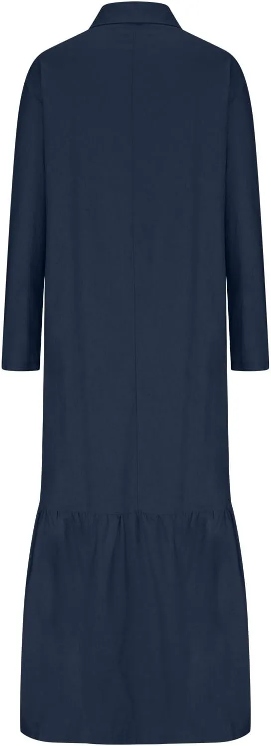 Dresses for Women Cotton Linen Button Down Long Sleeve Dress Beach Vacation Dresses V Neck Trendy Sundress