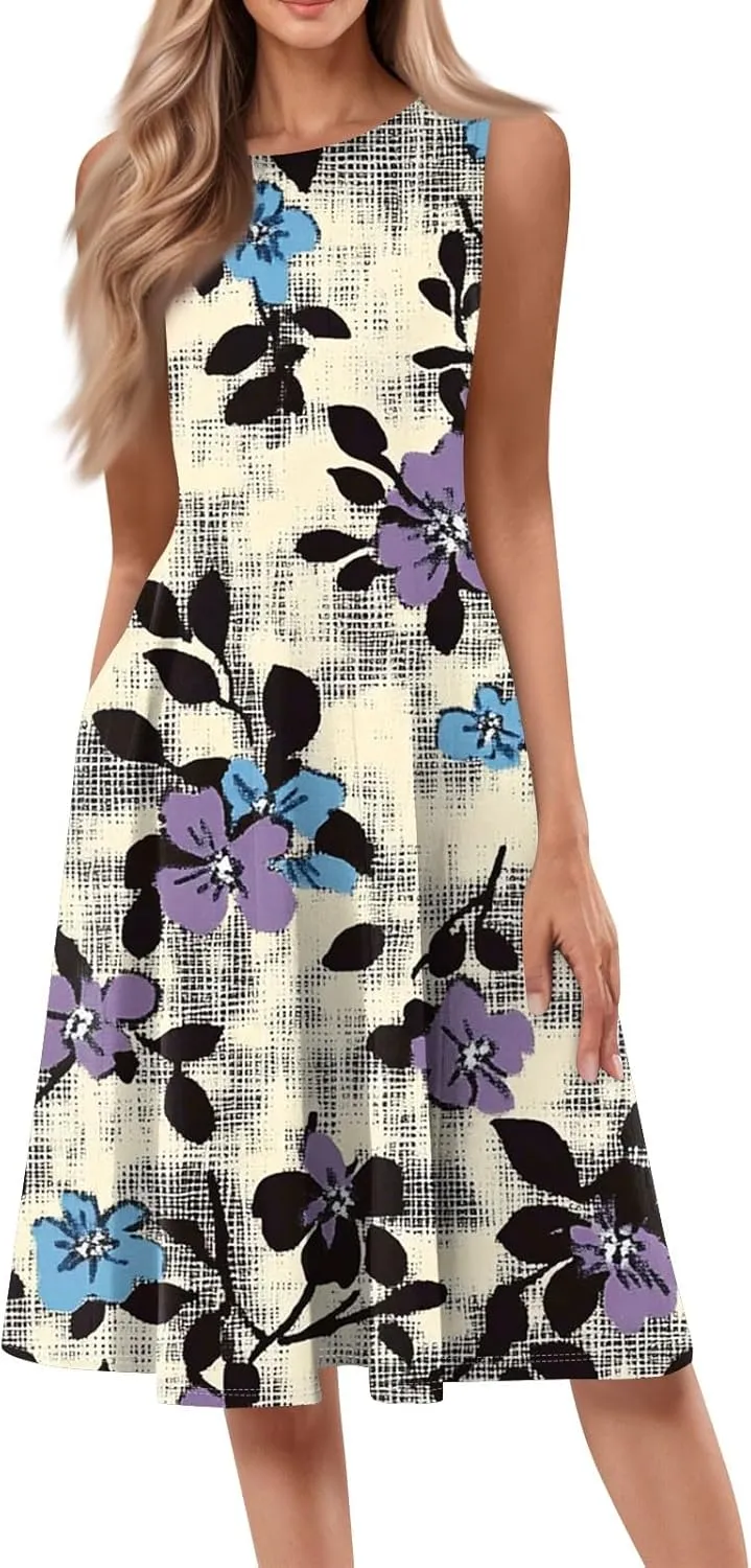 Dresses for Women Midi A Line Dress Sleeveless Casual Flowy Beach Long Sundress with Pockets 2025 Vacation Travel