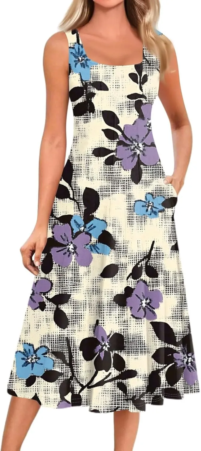Dresses for Women Midi A Line Dress Sleeveless Casual Flowy Beach Long Sundress with Pockets 2025 Vacation Travel