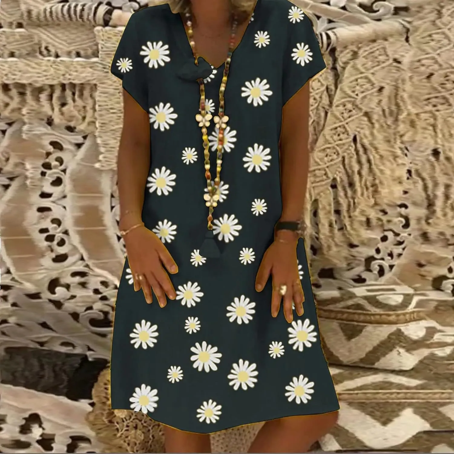 Dresses for Women Sexy Elegant V Neck Short Sleeve Summer Dress Fashion Polka Dot Dress Boho Floral Beach Sundresses