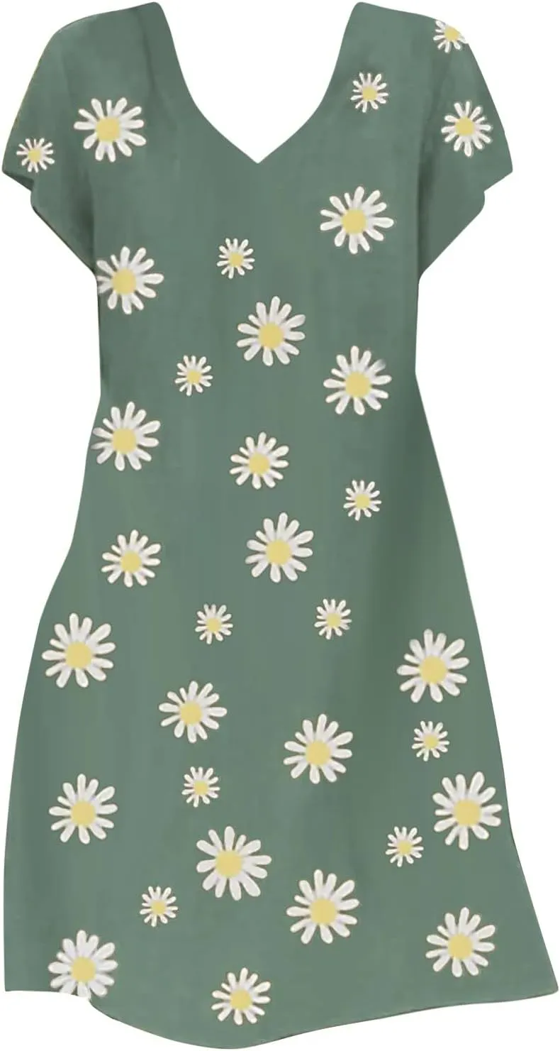 Dresses for Women Sexy Elegant V Neck Short Sleeve Summer Dress Fashion Polka Dot Dress Boho Floral Beach Sundresses