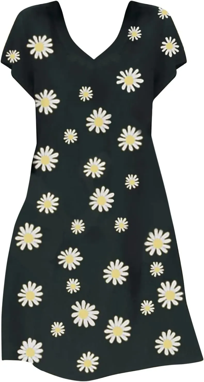Dresses for Women Sexy Elegant V Neck Short Sleeve Summer Dress Fashion Polka Dot Dress Boho Floral Beach Sundresses