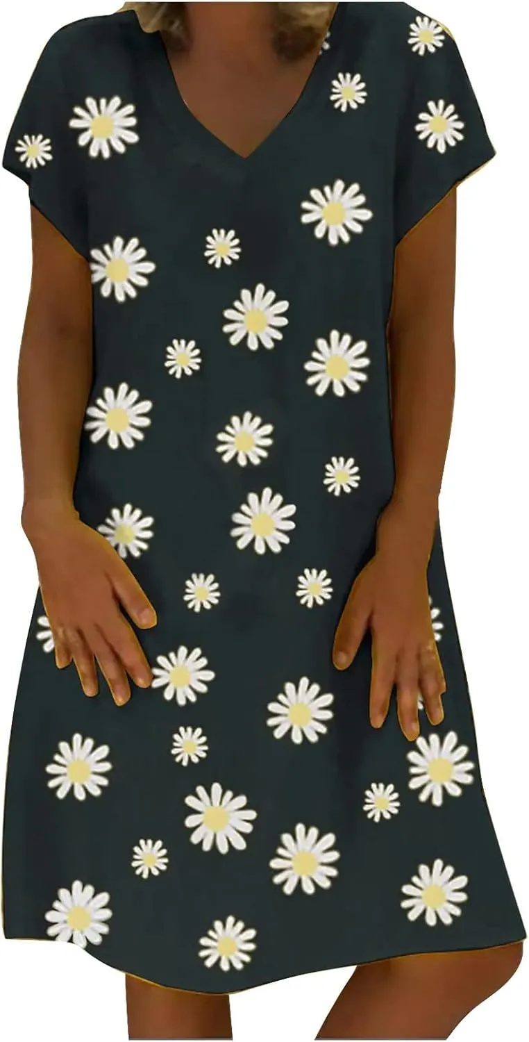 Dresses for Women Sexy Elegant V Neck Short Sleeve Summer Dress Fashion Polka Dot Dress Boho Floral Beach Sundresses