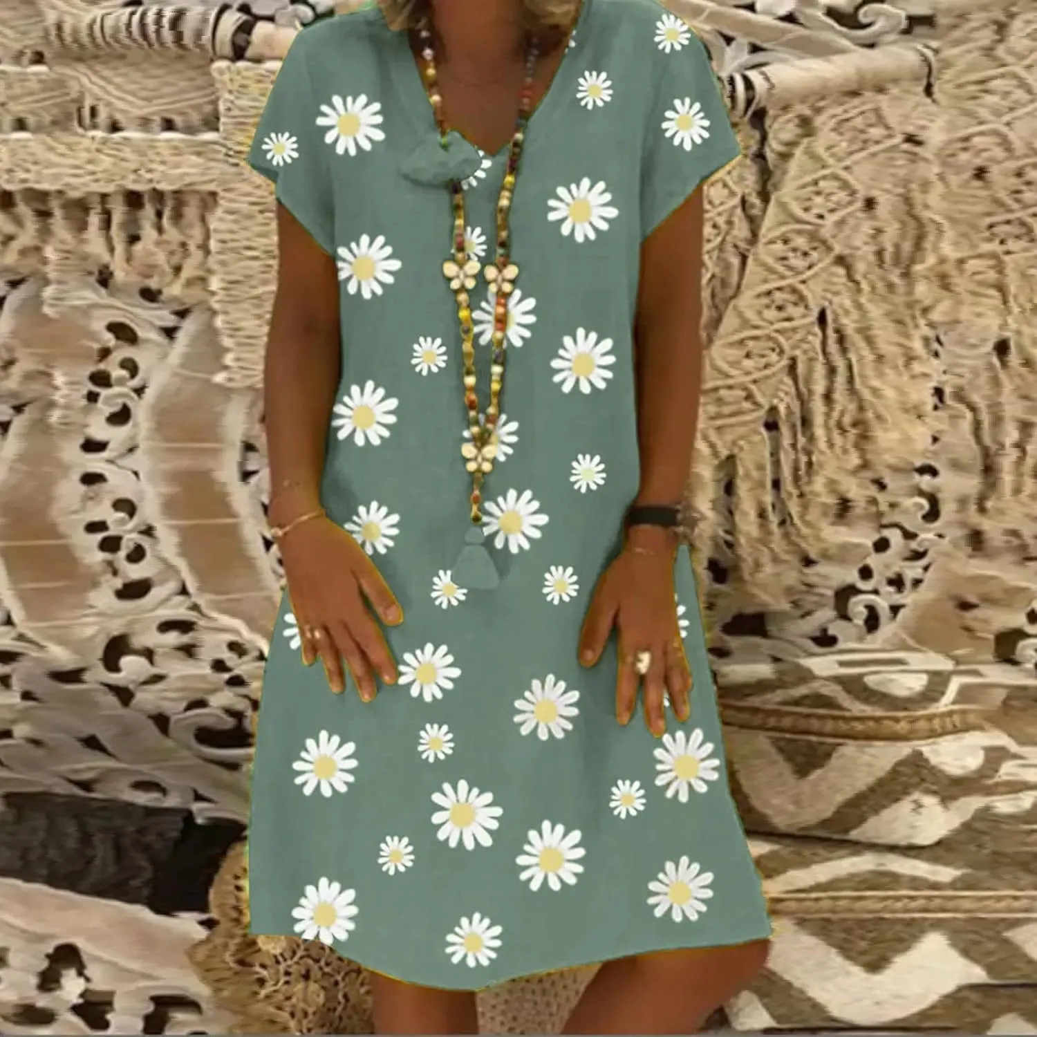 Dresses for Women Sexy Elegant V Neck Short Sleeve Summer Dress Fashion Polka Dot Dress Boho Floral Beach Sundresses