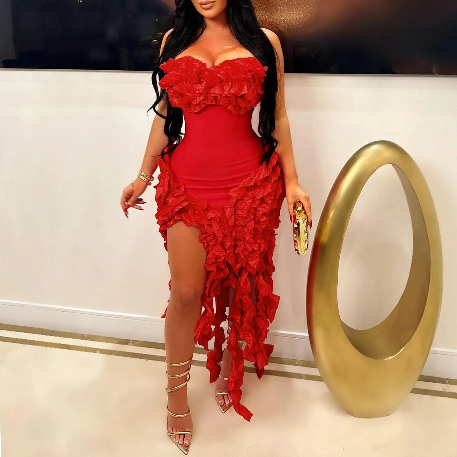 Dresses for Women Sexy Tight Mini Dress Fashion Ruffle Tassels Strapless Evening Prom Soild Gown 2025 New Clothes