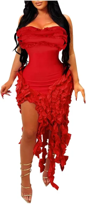 Dresses for Women Sexy Tight Mini Dress Fashion Ruffle Tassels Strapless Evening Prom Soild Gown 2025 New Clothes