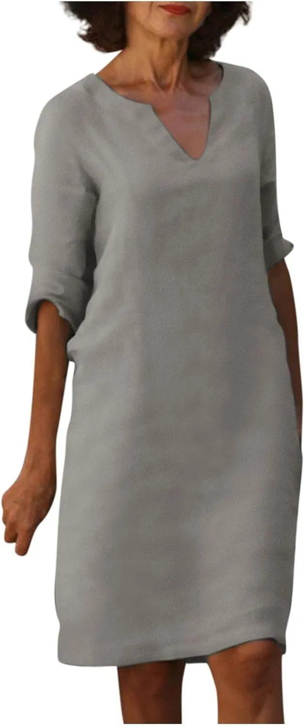 Dresses for Women Spring Cotton Linen V-Neck Floral Flare Midi Summer Dress Boho Floral Elegant Flowy Dresses